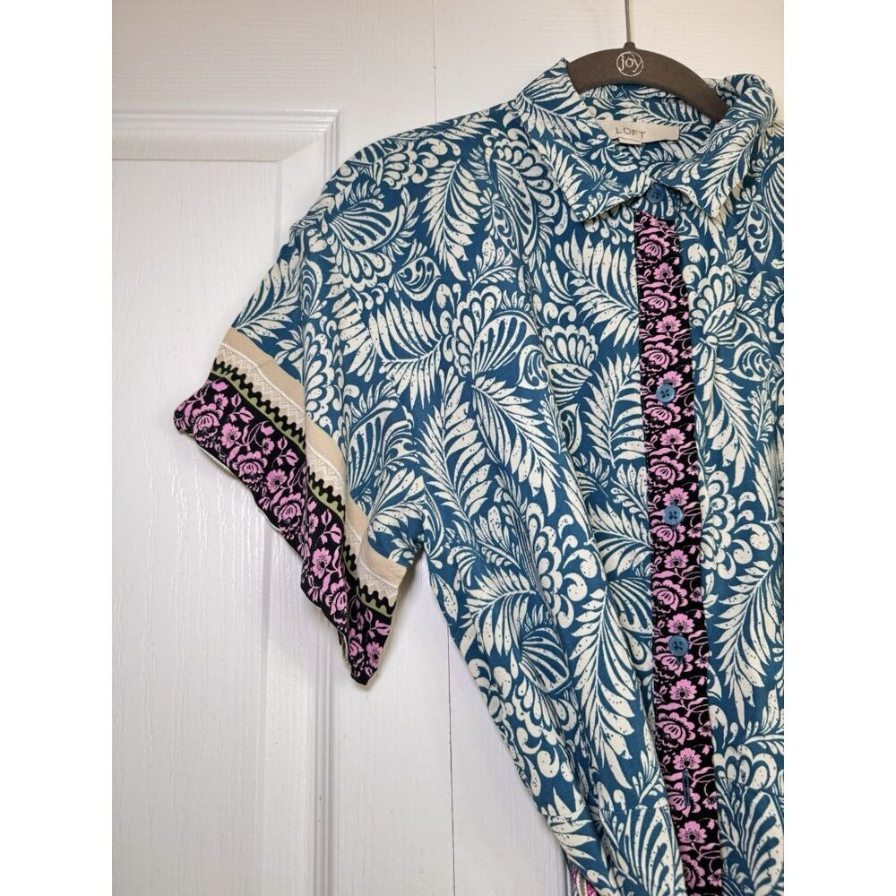 LOFT Printed Shirt Dress Belted Teal Pink Floral Boho Short Sleeve Size 8 - Picture 3 of 13
